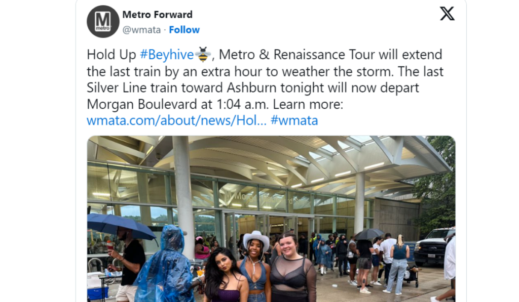 Beyoncé Pays DC Metro $100,000 To Extend Operating Hours Due to Weather Delays During Her Renaissance Tour