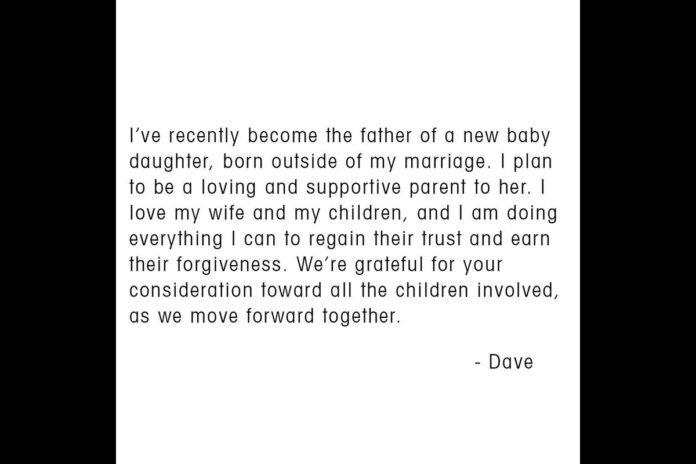 Grohl reveals the birth of a daughter from a relationship outside his marriage and expresses his commitment to regaining his family's trust. davestruestories/Instagram