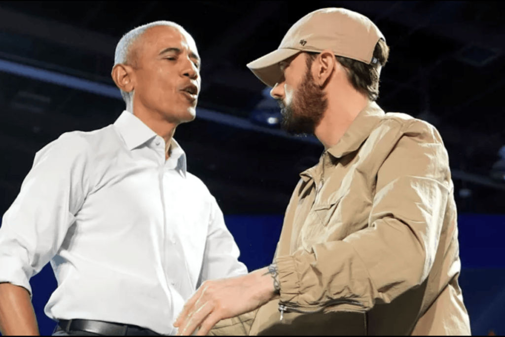 Eminem introduced Barack Obama at a Kamala Harris rally in Detroit, urging voter engagement ahead of the 2024 election. AP Photo/Paul Sancya