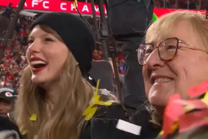 Taylor Swift beams as Travis Kelce sings to Chiefs fans after securing a Super Bowl spot with a thrilling AFC Championship win. NFL/X